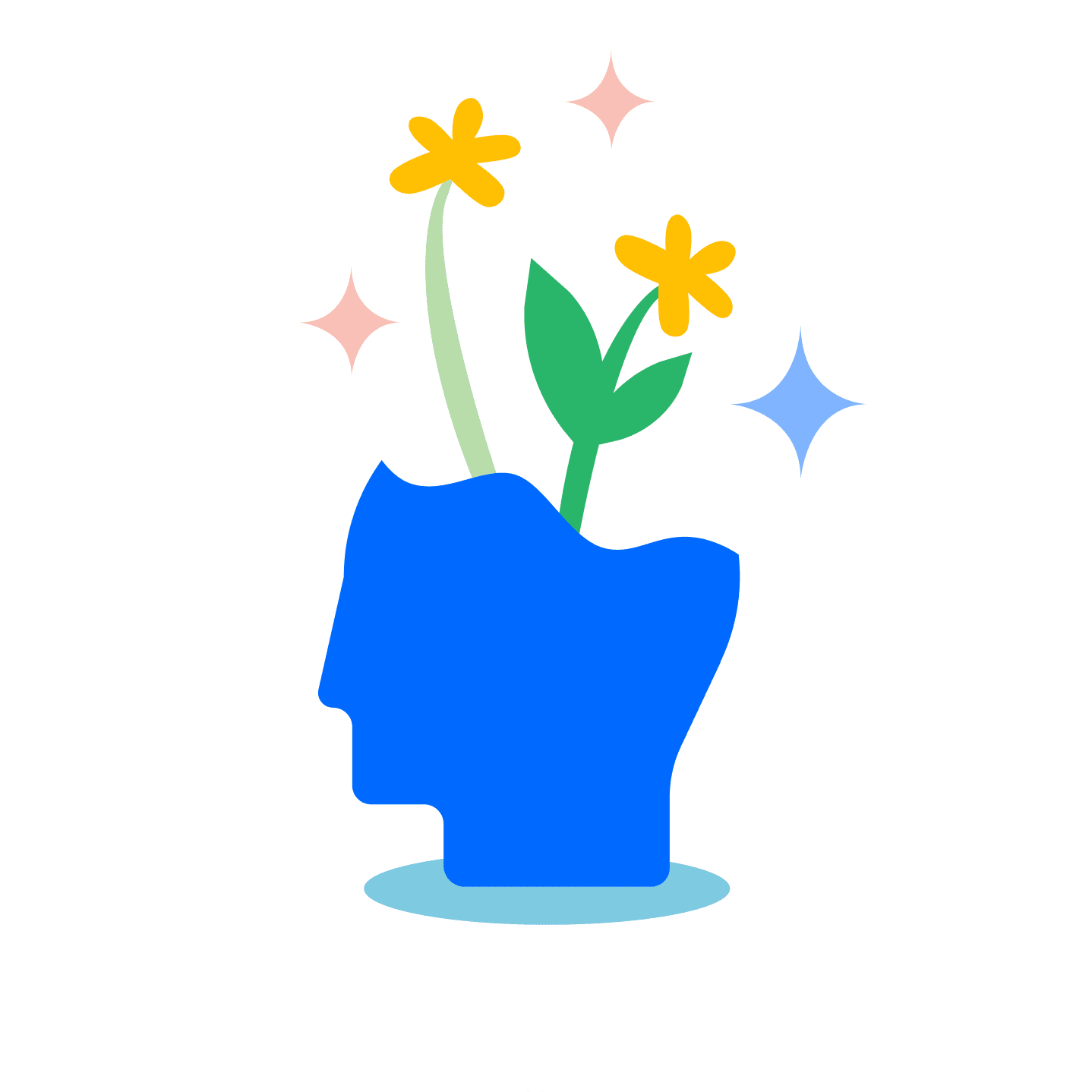 An abstract illustration of the silhouette of a head, with blossoming flowers growing from it. 